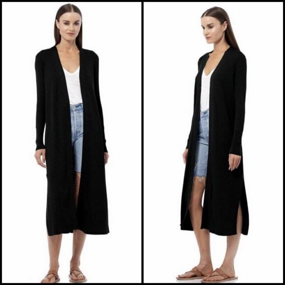 💕SKULL CASHMERE💕 Allison Long Slub Linen Ribbed Duster Cardigan ~ Black XS NWT - Picture 1 of 15
